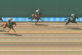 Surpass Natural winning his barrier trial from start to finish with three lengths to spare from Celavi (Louis-Philippe Beuzelin) yesterday. 