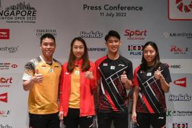 (From left) Singapore shuttlers Terry Hee, Tan Wei Han, Loh Kean Yew and Yeo Jia Min. 