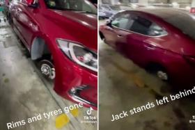 Singapore car in JB mall carpark stripped of all its wheels