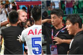 Tampines assistant coach Mustafic Fahrudin (left) and Sailors head coach Kim Do-hoon (second from right) were each charged with violent conduct. 