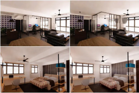 Artist&#039;s impressions of a living room and a master bedroom with beams (left) and without beams. 