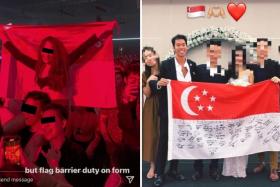 (Left) Students partying at a music festival in the Netherlands with the Singapore flag. (Right) Mr Singapore Sean Nicholas Sutiono holding a flag with the words &quot;Mister International&quot; across the middle and about 40 signatures scrawled on the bottom white half of the flag.
