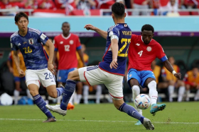 Costa Rica&#039;s Keysher Fuller scoring their winner against Japan in their Group E encounter on Sunday. 
