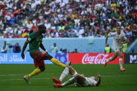Cameroon striker Vincent Aboubakar scoring his team&#039;s second goal against Serbia. 