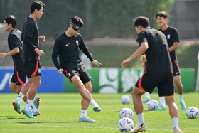 Son Heung-min wearing a face mask during a training session on Dec 1 on the eve of their match against Portugal. 