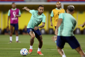 Brazil&#039;s Neymar in action during training ahead of their World Cup last-16 clash against South Korea. 

