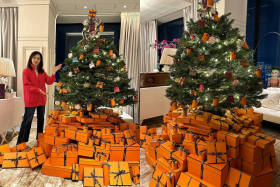 Hong Kong tv presenter Priscilla Ku shared photos of a Christmas tree in her living room surrounded by dozens of orange Hermes boxes
