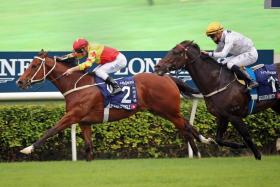 The Tony Cruz-trained California Spangle (Zac Purton) staving off fellow Hong Kong runner Golden Sixty (Vincent Ho) in the Group 1 Longines Hong Kong Mile over 1,600m at Sha Tin on Sunday.
