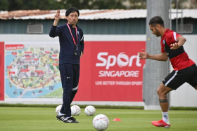 Lions coach Takayuki Nishigaya during the national football team&#039;s training session at Kallang Football Hub on Wednesday. 
