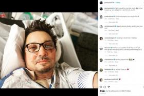 A screen grab shows a selfie of actor Jeremy Renner on a hospital bed.