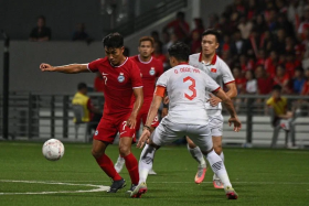 Song Ui-young (left) is the only foreign-born player in the Lions&#039; squad at the 2022 AFF Championship. 
