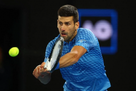 Novak Djokovic in action during his second round match against Enzo Couacaud. 
