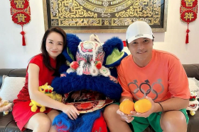 Celebrity couple Fann Wong and Christopher Lee with their son Zedd in lion dance costume. 
