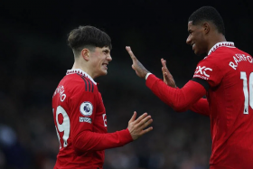 Manchester United's Alejandro Garnacho celebrating after scoring their second goal in the 2-0 win over Leeds United at Elland Road on Sunday with Marcus Rashford, who scored the opener.
