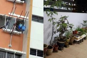 The elderly woman may be hanging the buckets outside her window (left) to collect rainwater for her plants.
