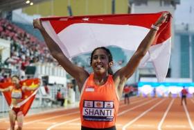Singapore&#039;s Shanti Pereira after winning the women&#039;s 100m final at the Asian Athletics Championships on Friday. ST PHOTO: KIMBERLY KWEK