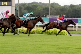 Cyclone winning his only Kranji race on Oct 22, 2022. It was over 1,400m in Class 3, but he has class written all over him. ST PHOTO: SHAHRIYA YAHAYA