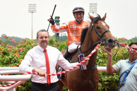Michael Clements soaking in one of his last Kranji lead-ins with Pacific Hunter (Wong Chin Chuen) after an Open Maiden win last Saturday, as he closes the final chapter of his 25 year-long Singapore career this weekend. ST PHOTO: SYAMIL SAPARI

