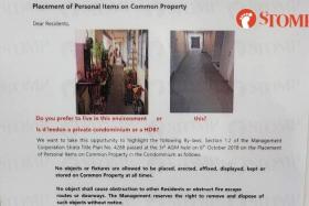 The notice reminded residents of the by-laws prohibiting the placement of personal items on common property in the condominium.