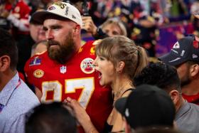 Kansas City Chiefs tight end Travis Kelce with girlfriend Taylor Swift after defeating the San Francisco 49ers in Super Bowl LVIII at Allegiant Stadium. 
