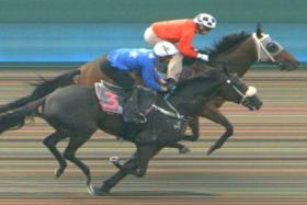 Sky Eye (Manoel Nunes) fending off a late assault from Hole In One (Carlos Henrique) to win Trial 2 on April 2.
