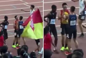 An Anglo-Chinese School (Independent) athlete shoved a Hwa Ching Institution rival in the chest after winning the 1,500m (A-Boys) at the National School Games - Track &amp; Field Championships on April 19.