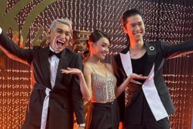 (Left to right) Star Awards 2024 hosts Jeff Goh, Hazelle Teo, and Herman Keh.