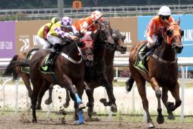 Odds-on fancy Pacific Scout (Jerlyn Seow), on the rails, staving off the hard-ridden Sacred Gold (Bernardo Pinheiro) to take out Race 2 at Kranji on April 27.
