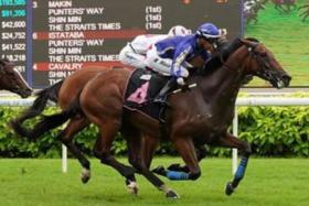 Kranji Mile contender Cavalry (Ruan Maia) taking the Class 2 race (1,600m) in style from Raising Sixty-One (Carlos Henrique) at Kranji on May 4. 