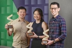 (From left) ST China correspondent Danson Cheong, winner of Journalist of the Year, Story of the Year winner Wong Pei Ting, a correspondent with The Business Times and ST&#039;s Young Journalist of the Year Ng Keng Gene. 