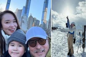 Fann Wong with her husband Christopher Lee and their son Zed in New York (left) and Zoe Tay skiing in France.