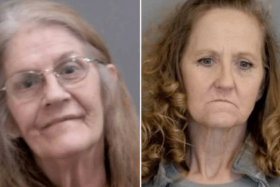 Loreen Bea Feralo (right) and Karen Casbohm are accused of driving a dead man to a bank drive-through window to withdraw money from his account.