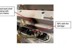 The in-flight entertainment panel of seat 47K suffered heat and fire damages on the flight on March 27, 2023. The MPJ refers to the multi-port jack. 