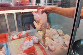 Chicken stalls at the Geylang Serai market, selling both chilled and frozen chicken on June 8, 2022.