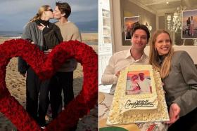Patrick Schwarzenegger and Abby Champion shared a series of photos of the beach proposal with the caption: “Forever and ever.”