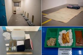 (Clockwise from top left) A prison cell that houses up to four inmates, bedding for inmates, and food and basic necessities provided for inmates.