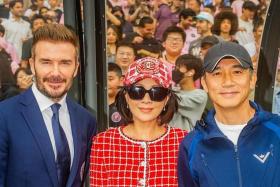 David Beckham with Carina Lau and Tony Leung Chiu Wai before the match between Inter Miami and Hong Kong XI on Feb 4, 2024.