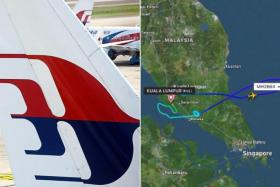 A file photo of Malaysia Airlines&#039; logo (left). A Malaysia Airlines flight allegedly flew erratically on April 3, 2022.