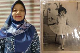 Madam Nazli Abdullah, 63, who was given up for adoption at birth in April 1959, and a photo of her when she was five or six.