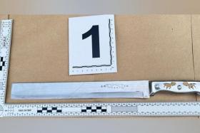 A knife believed to have been used to attack the victim, who had a deep slash on his forehead.
