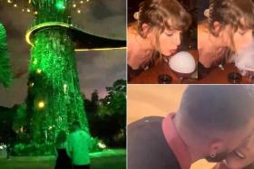 Taylor Swift at Gardens by the Bay with her boyfriend Travis Kelce, sipping cocktails at what looked to be Koma Singapore, and receiving a peck on the cheek from Kelce.
