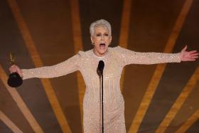 Jamie Lee Curtis wins the Oscar for Best Supporting Actress for Everything Everywhere All At Once during the Oscars show at the 95th Academy Awards in Hollywood, Los Angeles on March 12, 2023. 