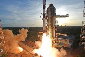 The Polar Satellite Launch Vehicle carrying three Singapore satellites lifting off from India&#039;s Satish Dhawan Space Centre on June 30, 2022.