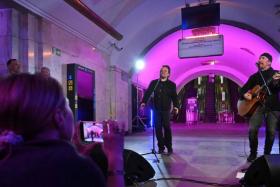 U2&#039;s Bono performs at a bomb shelter in Kyiv on May 8, 2022.