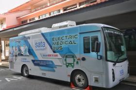 Exterior of the SATA CommHealth Electric Medical Bus as seen during its launch at SATA CommHealth Uttamram Medical Centre on March 14, 2022.