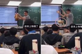 Mr Lee Feng can be seen in this screenshot of a Facebook video dropping his cat, named Laifu, in front of his students.