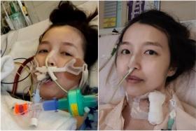 Madam Yvonne Khoo developed severe respiratory failure and had to be supported by an Ecmo machine (left). She gave birth to her son at 27 weeks old.