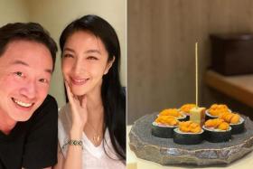 Taiwanese actress Cheryl Yang celebrates her husband Ben Chen&#039;s birthday with a uni sushi cake.