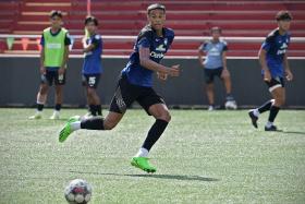Ilhan Fandi trains with fellow Albirex Niigata teammates at Jurong East Stadium on July 27, 2022.