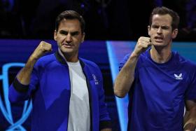 Roger Federer (left) and Andy Murray react during a match at the 2022 Laver Cup men&#039;s singles in London on Sept 25.